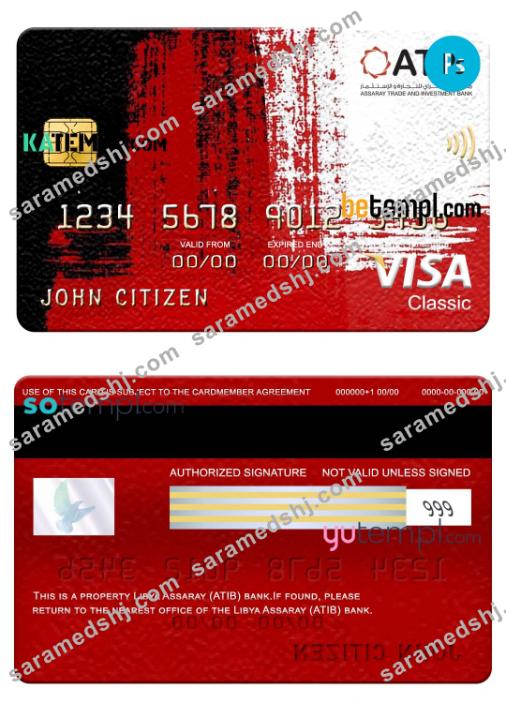 Libya Assaray bank (ATIB) visa classic card, fully editable template in PSD format
